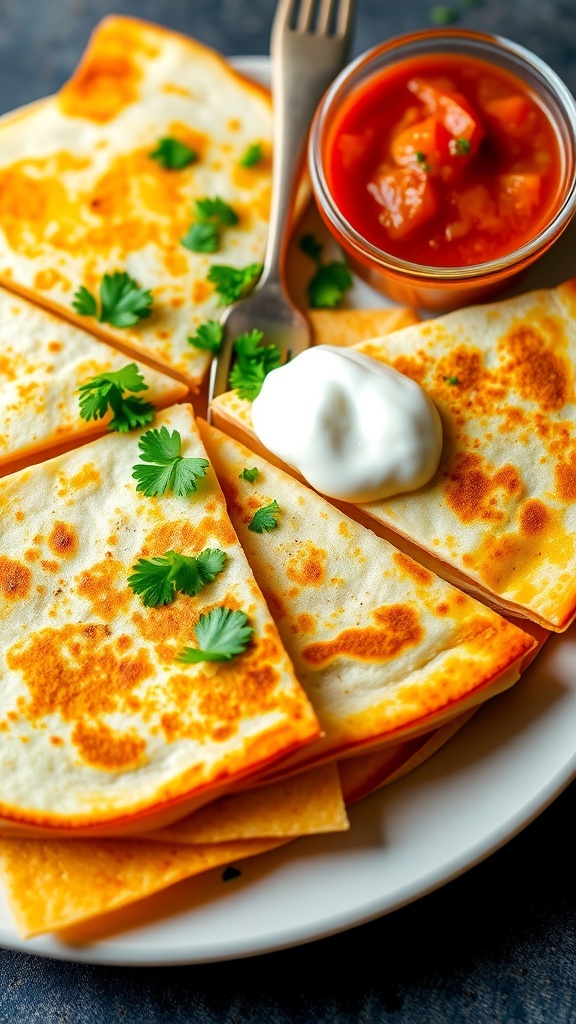 Four Cheese Quesadilla Recipe Four cheese quesadilla cut into wedges, served with salsa and sour cream.